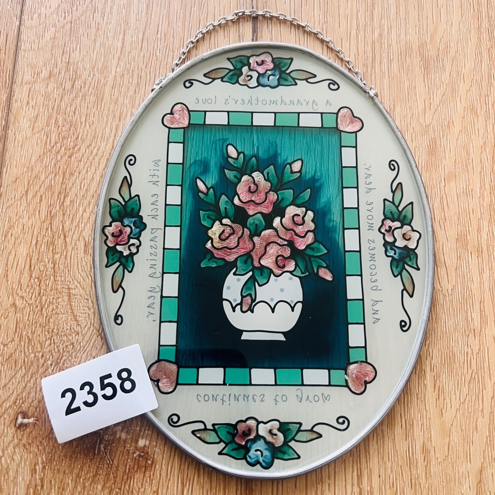 Vtg Grandmother's Love Floral Glass Suncatcher Wall Plaque Decor Cottagecore - Picture 10 of 10